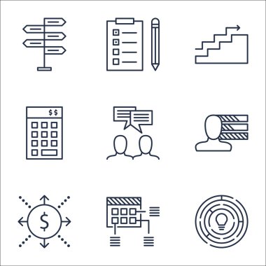 Tartışma, fırsat ve büyüme konularda proje yönetimi simgeler kümesi. Düzenlenebilir vektör çizim. Nakit, Toplantı içerir ve liste vektör simgeler.