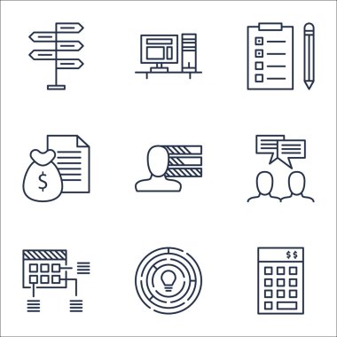 Proje Yönetimi simgeleri yatırım, zamanlama ve rapor konuları üzerinde ayarlayın. Düzenlenebilir vektör çizim. Ekibi, içerir rapor ve Finans vektör simgeleri.