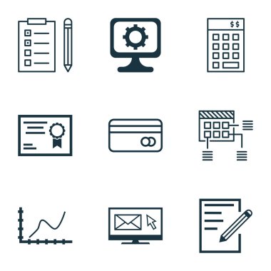 9 evrensel düzenlenebilir simgeler kümesi. Web, mobil ve App tasarım için kullanılabilir. Uyarı mektubu, başarı grafiği, zamanlama ve daha fazlası gibi simgeleri içerir.