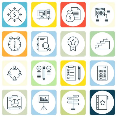 Proje Yönetimi simgeler mevcut rozet, zamanlama ve büyüme konular kümesi. Düzenlenebilir vektör çizim. Yönetim, Tarih ve para vektör simgeler içerir.