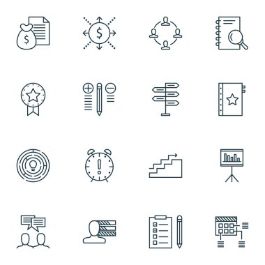 Tartışma, zaman yönetimi ve analiz konuları proje yönetimi simgeler kümesi. Düzenlenebilir vektör çizim. Çözüm, kişisel ve analiz vektör simgeler içerir.