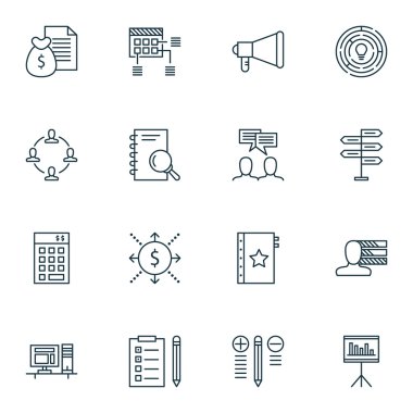Sunum, para ve analiz konuları üzerinde proje yönetimi simgeler kümesi. Düzenlenebilir vektör çizim. Becerileri, istatistik ve yönetim vektör simgeler içerir.