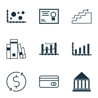 9 evrensel düzenlenebilir simgeler kümesi. Web, mobil ve App tasarım için kullanılabilir. Para Trasnfer, Kütüphane, plastik kart ve daha fazlası gibi simgeleri içerir.