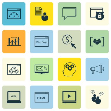 16 evrensel düzenlenebilir simgeler kümesi. Web, mobil ve App tasarım için kullanılabilir. Güvenlik, dijital medya ve daha fazlası gibi medya kampanyası, simgeleri içerir.