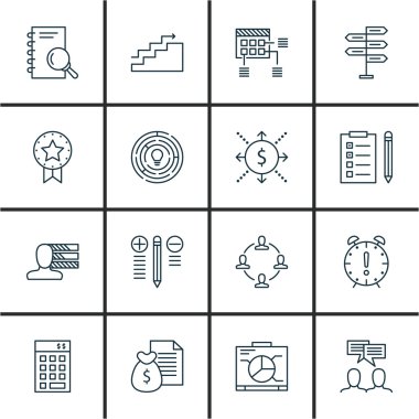 Kişisel becerileri, büyüme ve işbirliği konuları üzerinde proje yönetimi simgeler kümesi. Düzenlenebilir vektör çizim. Görev, içerir rozet ve takım vektör simgeleri.