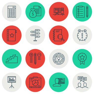 Karar verme, hatırlatma ve garanti konular üzerinde proje yönetimi simgeler kümesi. Düzenlenebilir vektör çizim. Uyarı mektubu, tartışma ve kalite vektör simgeler içerir.