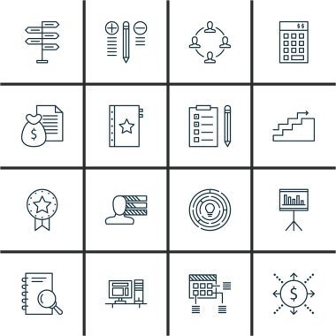 Bilgisayar, garanti ve para konuları proje yönetimi simgeler kümesi. Düzenlenebilir vektör çizim. Akış, beyin fırtınası ve çözüm vektör simgeler içerir.