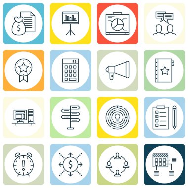 Duyuru, yatırım ve yönetim kurulu konularda proje yönetimi simgeler kümesi. Düzenlenebilir vektör çizim. Reklam, Pano ve toplantı vektör simgeler içerir.