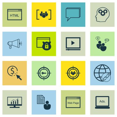 Pazarlama Web sitesi, konferans ve Video oynatıcı konularda simgeler kümesi. Düzenlenebilir vektör çizim. Sayfa, içerir Analytics ve beyin vektör simgeleri.