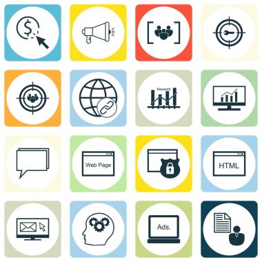 16 evrensel düzenlenebilir simgeler kümesi. Web, mobil ve App tasarım için kullanılabilir. Anahtar kelime optimizasyonu, rapor, bağlantılar ve daha fazlası gibi simgeleri içerir.