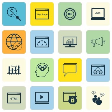 Beyin sürecinin, anahtar kelime Pazarlama ve anahtar kelime optimizasyonu konular Seo simgeler kümesi. Düzenlenebilir vektör çizim. Sayısal, analitik ve performans vektör simgeler içerir.