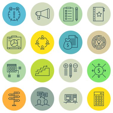 Rapor, bilgisayar ve duyuru konularda proje yönetimi simgeler kümesi. Düzenlenebilir vektör çizim. Hak, içerir Tarih ve proje vektör simgeleri.