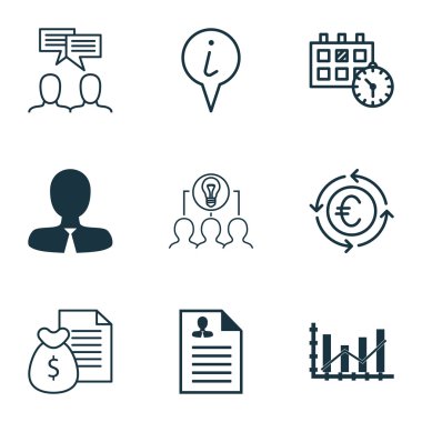 9 evrensel düzenlenebilir simgeler kümesi. Web, mobil ve App tasarım için kullanılabilir. Özgeçmiş, tartışma, randevu ve daha fazlası gibi simgeleri içerir.