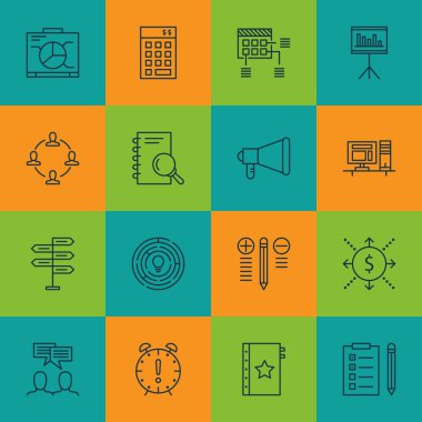 Sunum, zamanlama ve fırsat konularda proje yönetimi simgeler kümesi. Düzenlenebilir vektör çizim. Zaman, içerir yatırım ve sağ vektör simgeleri.