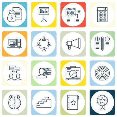 Proje Yönetimi simgeler mevcut rozet, rapor ve karar verme konular kümesi. Düzenlenebilir vektör çizim. Ödülü, Pano ve istatistik vektör simgeler içerir.