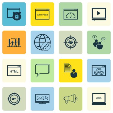 Rapor, yükleme hızı ve konferans konular üzerinde Seo simgeler kümesi. Düzenlenebilir vektör çizim. Sayfa, konferans ve topluluk vektör simgeler içerir.