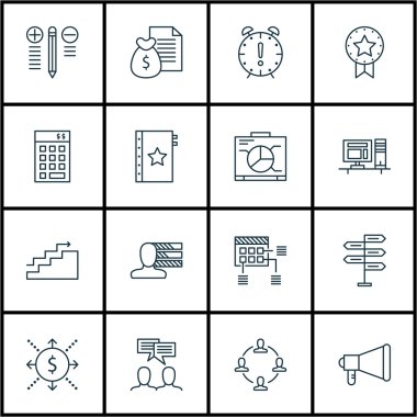 Duyuru, yönetim kurulu ve zaman yönetimi konuları proje yönetimi simgeler kümesi. Düzenlenebilir vektör çizim. Hedef, içerir rozet ve çatal vektör simgeleri.