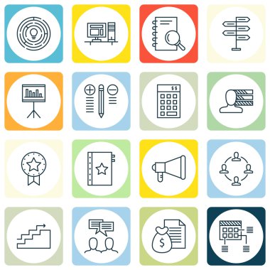 16 evrensel düzenlenebilir simgeler kümesi. Web, mobil ve App tasarım için kullanılabilir. Zamanlama, tartışma, rapor ve daha fazlası gibi simgeleri içerir.