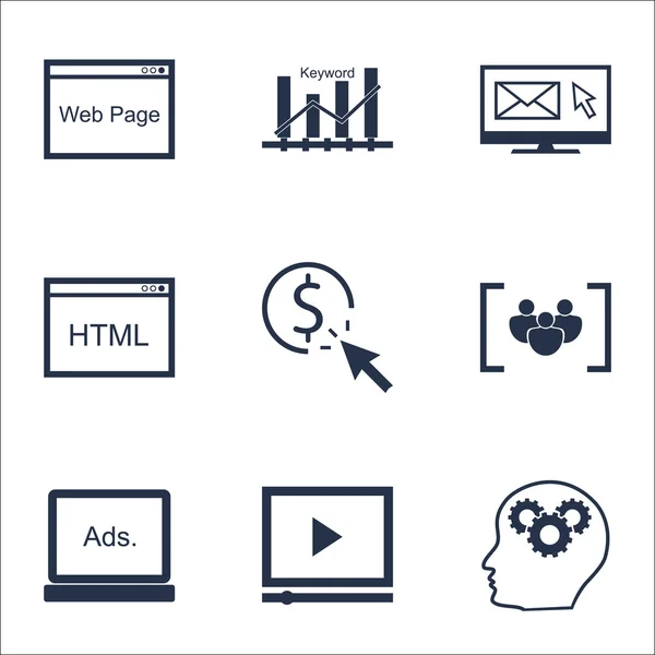 Ensemble d'icônes SEO sur l'optimisation des mots clés, PPC et processus cérébral Sujets. Illustration vectorielle modifiable. Comprend des icônes vectorielles HTML, Page et Focus . — Image vectorielle