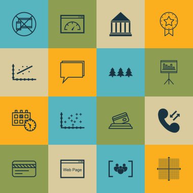 16 evrensel düzenlenebilir simgeler kümesi. Web, mobil ve App tasarım için kullanılabilir. Banka kartı, konferans, arsa diyagramı ve daha fazlası gibi simgeleri içerir.