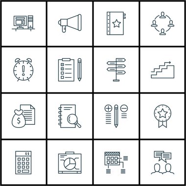 16 evrensel düzenlenebilir simgeler kümesi. Web, mobil ve App tasarım için kullanılabilir. Rapor, tartışma, mevcut rozet ve daha fazlası gibi simgeleri içerir.