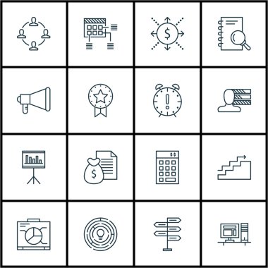 Fırsat, para ve sunum konularda proje yönetimi simgeler kümesi. Düzenlenebilir vektör çizim. Zaman, içerir rapor ve takım vektör simgeleri.