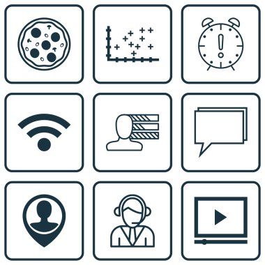 9 evrensel düzenlenebilir simgeler kümesi. Web, mobil ve App tasarım için kullanılabilir. Video oynatıcı, zaman yönetimi, operatör ve daha fazlası gibi simgeleri içerir.