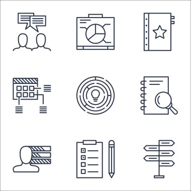 Kişisel becerileri, garanti ve uyarı mektubu konular proje yönetimi simgeler kümesi. Düzenlenebilir vektör çizim. Toplantı, proje ve fikir vektör simgeler içerir.