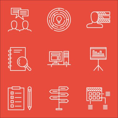 Bilgisayar, program ve sunu konular üzerinde proje yönetimi simgeler kümesi. Düzenlenebilir vektör çizim. Proje, istatistik ve yapımı vektör simgeler içerir.