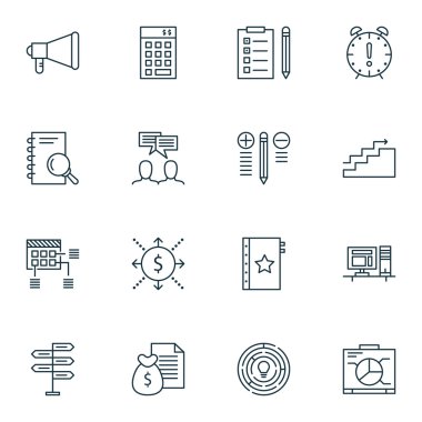 Para, duyuru ve fırsat konularda proje yönetimi simgeler kümesi. Düzenlenebilir vektör çizim. Fikir, Office ve tartışma vektör simgeler içerir.
