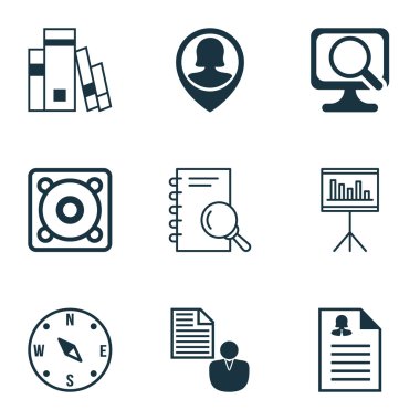 9 evrensel düzenlenebilir simgeler kümesi. Web, mobil ve App tasarım için kullanılabilir. Simgeler bulmak gibi kitaplık, müzik ve daha fazlasını içerir.