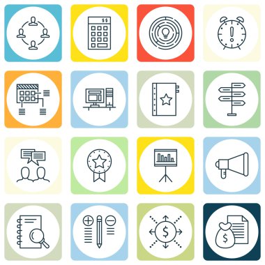 Zaman yönetimi, zamanlama ve duyuru konularda proje yönetimi simgeler kümesi. Düzenlenebilir vektör çizim. Akış, analiz ve fikir vektör simgeler içerir.