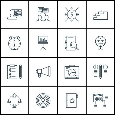 Karar verme, mevcut rozet ve zamanlama konularda proje yönetimi simgeler kümesi. Düzenlenebilir vektör çizim. Büyüme, son tarih ve vektör simgeler reklam içerir.