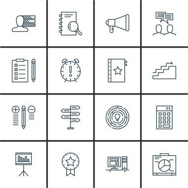 Kişisel becerileri, garanti ve duyuru konular proje yönetimi simgeler kümesi. Düzenlenebilir vektör çizim. İstatistik, kalite ve Office vektör simgeler içerir.