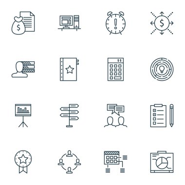 İşbirliği, bilgisayar ve garanti konularda proje yönetimi simgeler kümesi. Düzenlenebilir vektör çizim. Para, gelir ve fikir vektör simgeler içerir.