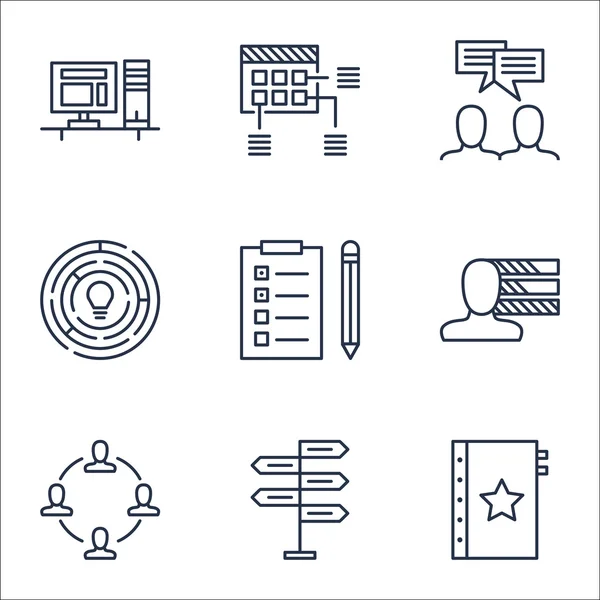 Tartışma, işbirliği ve fırsat konularda proje yönetimi simgeler kümesi. Düzenlenebilir vektör çizim. Çalışma alanı, beceri ve takım çalışması vektör simgeler içerir.
