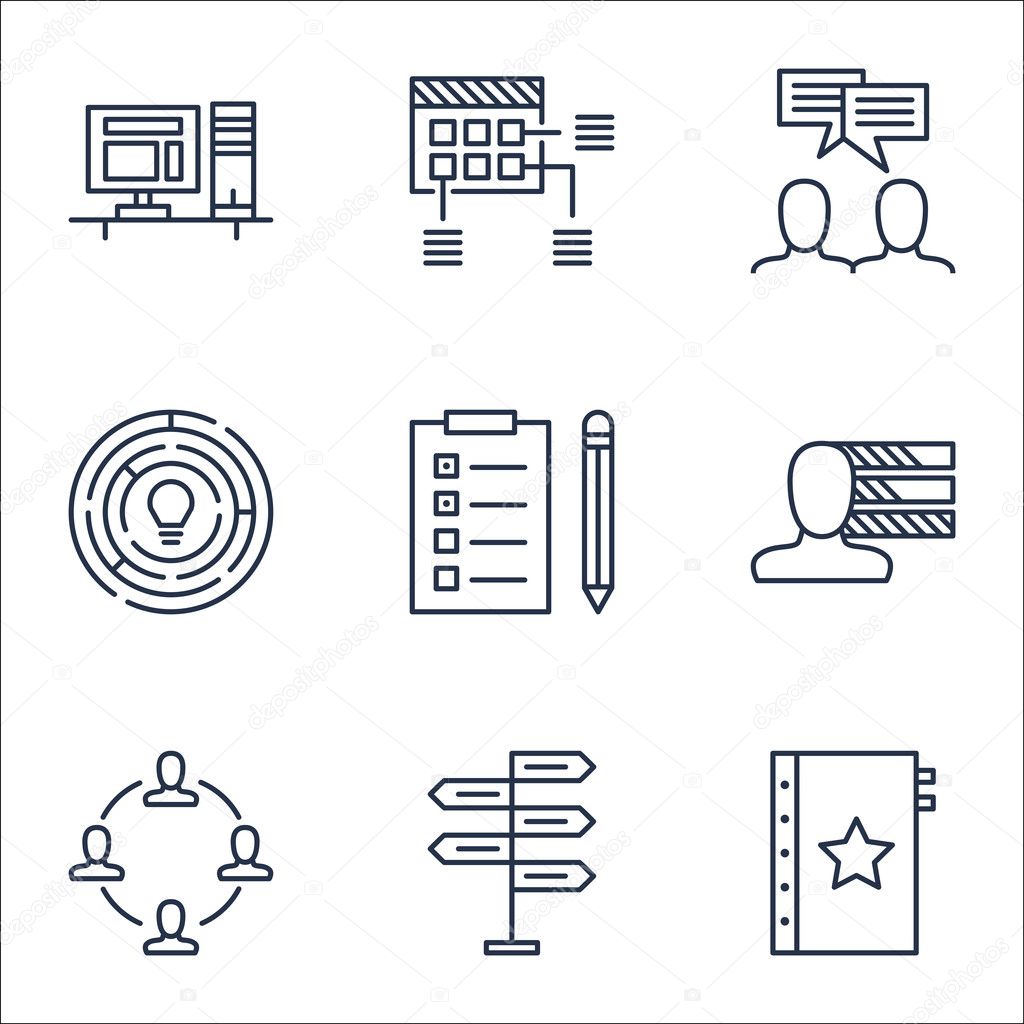 Set Of Project Management Icons On Discussion, Collaboration And Opportunity Topics. Editable Vector Illustration. Includes Workspace, Skills And Teamwork Vector Icons.