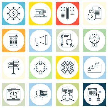 Karar verme, yenilik ve duyuru konular üzerinde proje yönetimi simgeler kümesi. Düzenlenebilir vektör çizim. Rapor, analiz ve bütçe vektör simgeler içerir.