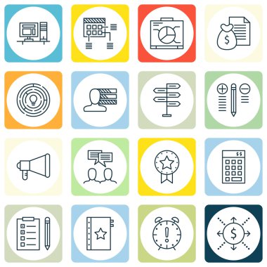 Karar verme, para ve rapor konuları üzerinde proje yönetimi simgeler kümesi. Düzenlenebilir vektör çizim. Çatal, içerir son tarihi ve liste vektör simgeleri.