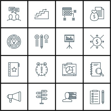 Karar verme, zamanlama ve yenilik konular üzerinde proje yönetimi simgeler kümesi. Düzenlenebilir vektör çizim. Akış, karar ve duyuru vektör simgeler içerir.
