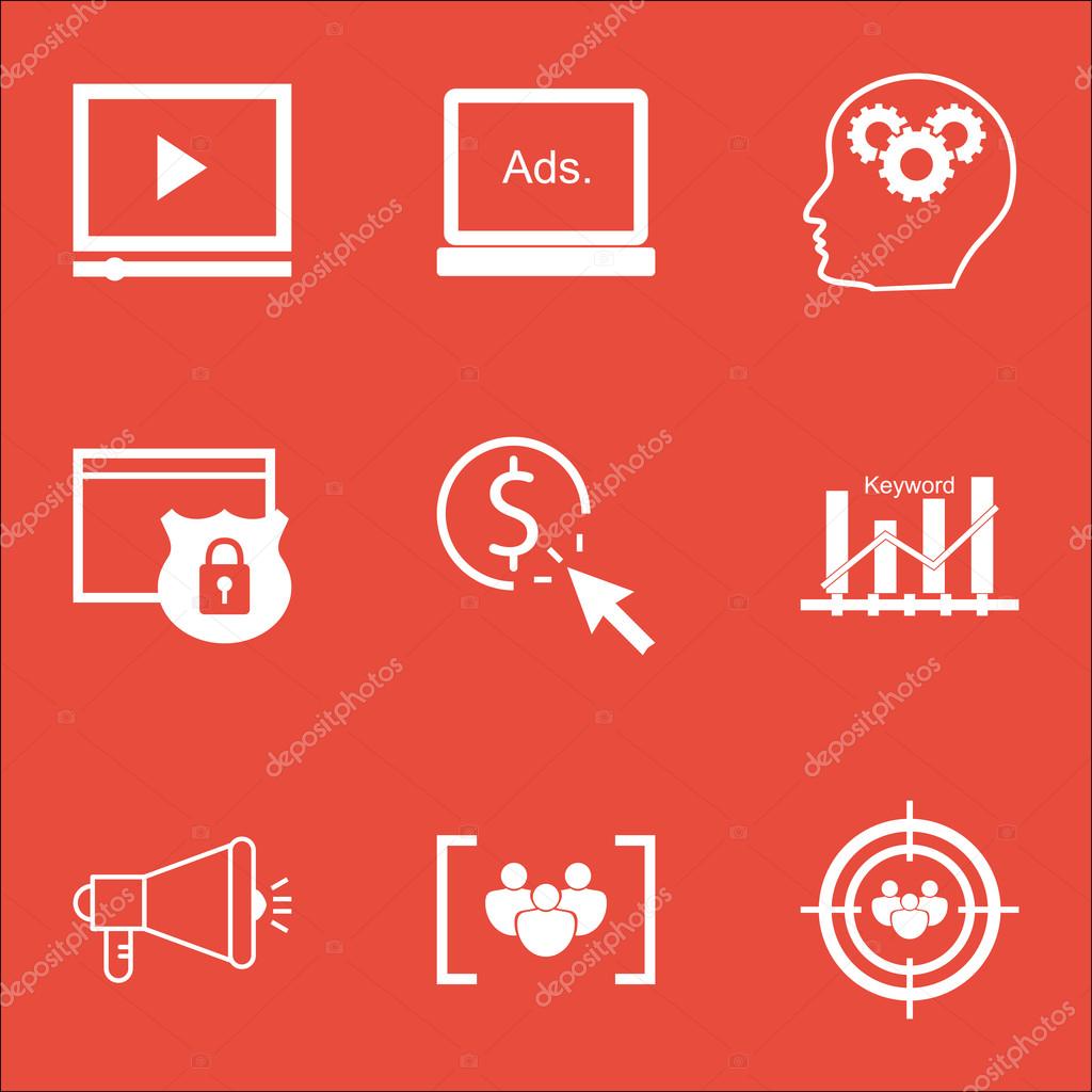 set of advertising icons on brain process focus group and target questionnaire