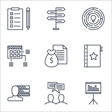 Kişisel becerileri, tartışma ve yenilik konularda proje yönetimi simgeler kümesi. Düzenlenebilir vektör çizim. Kalite, istatistik ve sunum vektör simgeler içerir.