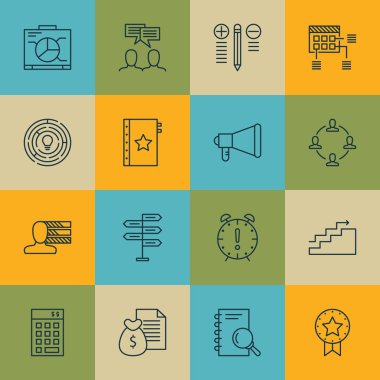 Proje Yönetimi simgeleri tahtada ayarla, karar verme ve kişisel becerileri konular. Düzenlenebilir vektör çizim. Çözüm, rapor ve vektör simgeleri yapma içerir.