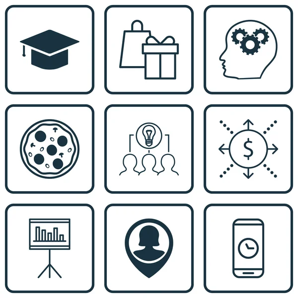 Set Of 9 Universal Editable Icons. Can Be Used For Web, Mobile And App Design. Includes Icons Such As Pin Employee, Money, Presentation And More. — Stock vektor