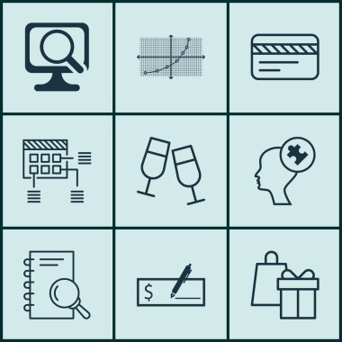 9 evrensel düzenlenebilir simgeler kümesi. Web, mobil ve App tasarım için kullanılabilir. Alışveriş, şampanya bardakları, dizüstü bilgisayar ve daha fazlası gibi simgeleri içerir.