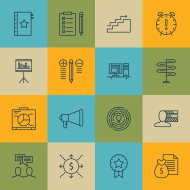 Fırsat, mevcut rozet ve garanti konularda proje yönetimi simgeler kümesi. Düzenlenebilir vektör çizim. Çatal, hatırlatma ve Pano vektör simgeler içerir.