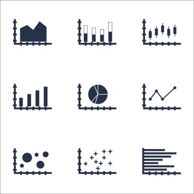 Grafikler, diyagramlar ve istatistik simgeler kümesi. Premium Kalite simgesi derleme. Simgeler, Web, uygulama ve kullanıcı arabirimi tasarımı için kullanılabilir. Vektör çizim, Eps10.