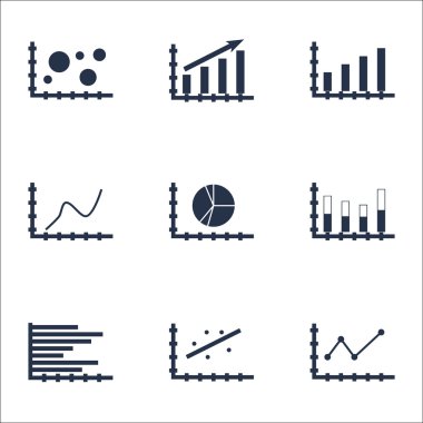 Grafikler, diyagramlar ve istatistik simgeler kümesi. Premium Kalite simgesi derleme. Simgeler, Web, uygulama ve kullanıcı arabirimi tasarımı için kullanılabilir. Vektör çizim, Eps10.