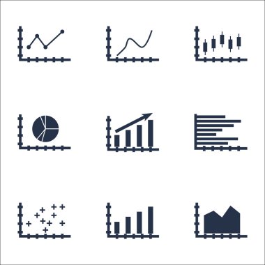 Grafikler, diyagramlar ve istatistik simgeler kümesi. Premium Kalite simgesi derleme. Simgeler, Web, uygulama ve kullanıcı arabirimi tasarımı için kullanılabilir. Vektör çizim, Eps10.