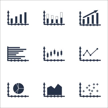 Grafikler, diyagramlar ve istatistik simgeler kümesi. Premium Kalite simgesi derleme. Simgeler, Web, uygulama ve kullanıcı arabirimi tasarımı için kullanılabilir. Vektör çizim, Eps10.